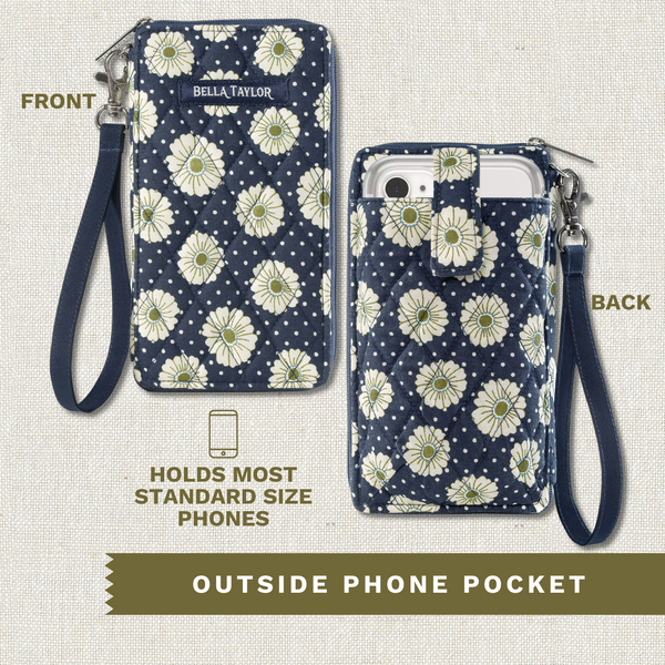 Dotted Daisy Navy RFID Cell Phone Wristlet