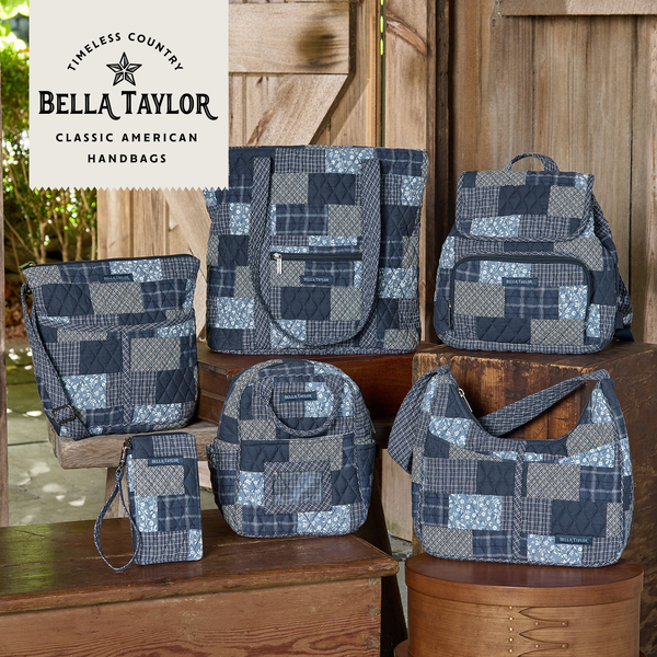 Heritage Blue Patch Stride Tote collection lifestyle image featuring coordinating handbags and accessories.