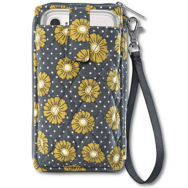 Dotted Daisy Charcoal RFID Cell Phone Wristlet