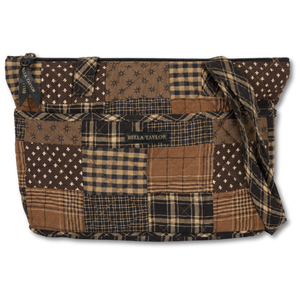 Small Tote front view featuring quilted patchwork print, in chestnut, khaki, black with top zip closure, and 10 total pockets.