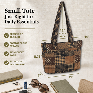 Callout image showing dimensions 11" x 8.75" x 4", 12-inch strap drop, 6 exterior pockets, lightweight 100% cotton construction.