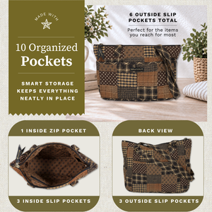 Open top-down view revealing interior with 4 inside pockets, callouts highlighting top zip closure and machine washable design.