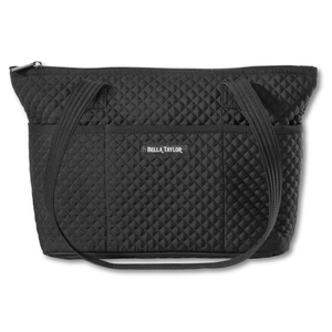 Small Shoulder Tote front view featuring quilted solid, in black, with top zip closure, and 10 total pockets.