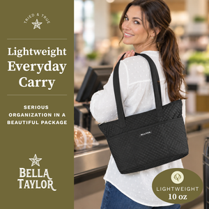 Side-view of woman carrying Small Shoulder Tote, highlighting quilted solid fabric, structured silhouette, and lightweight microfiber construction.