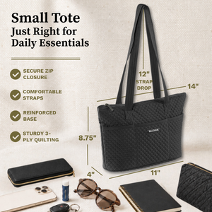 Callout image showing dimensions 11" x 8.75" x 4", 12-inch strap drop, 6 exterior pockets, lightweight microfiber construction.