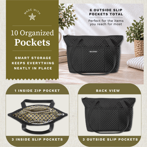 Open top-down view revealing interior with 4 inside pockets, callouts highlighting top zip closure and machine washable design.