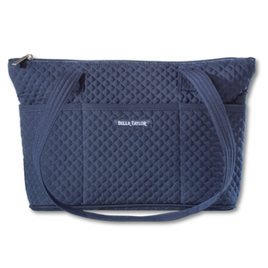 Small Shoulder Tote front view featuring quilted solid, in navy, with top zip closure, and 10 total pockets.