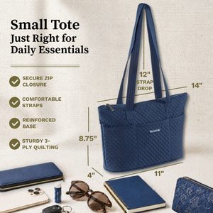 Callout image showing dimensions 11" x 8.75" x 4", 12-inch strap drop, 6 exterior pockets, lightweight microfiber construction.