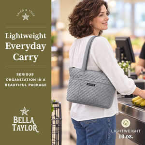 Side-view of woman carrying Small Tote, highlighting quilted solid fabric, structured silhouette, and lightweight microfiber construction.