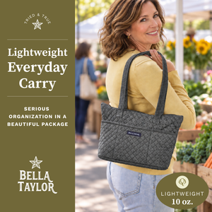 Side-view of woman carrying Small Tote, highlighting quilted solid fabric, structured silhouette, and lightweight microfiber construction.