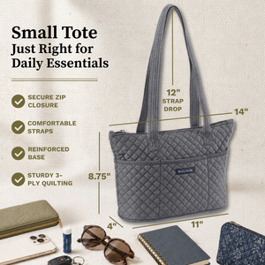 Callout image showing dimensions 11" x 8.75" x 4", 12-inch strap drop, 6 exterior pockets, lightweight microfiber construction.