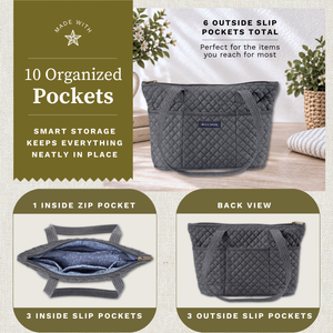 Open top-down view revealing interior with 4 inside pockets, callouts highlighting top zip closure and machine washable design.