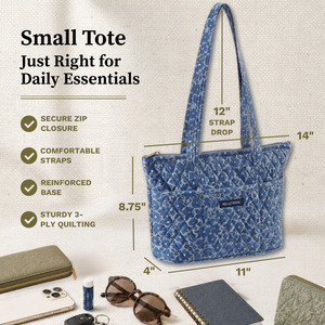 Callout image showing dimensions 11" x 8.75" x 4", 12-inch strap drop, 6 exterior pockets, lightweight 100% cotton construction.