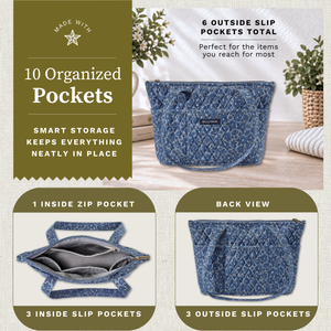 Open top-down view revealing interior with 4 inside pockets, callouts highlighting top zip closure and machine washable design.