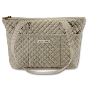 Small Tote front view featuring quilted solid, in khaki, with top zip closure, and 10 total pockets.