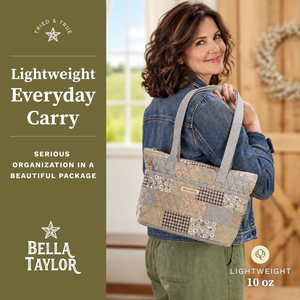 Side-view of woman carrying Small Tote, highlighting quilted patchwork fabric, structured silhouette, and lightweight 100% cotton construction.