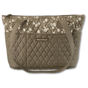 Small Tote front view featuring quilted floral print, in taupe, khaki, cream with top zip closure, and 10 total pockets.