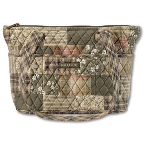 Small Tote front view featuring quilted patchwork print, in burgundy, taupe, tan with top zip closure, and 10 total pockets.