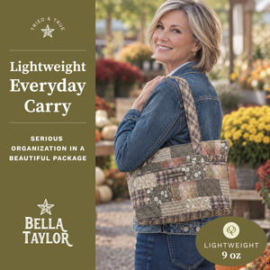 Side-view of woman carrying Small Tote, highlighting quilted patchwork fabric, structured silhouette, and lightweight 100% cotton construction.