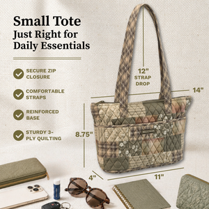 Callout image showing dimensions 11" x 8.75" x 4", 12-inch strap drop, 6 exterior pockets, lightweight 100% cotton construction.