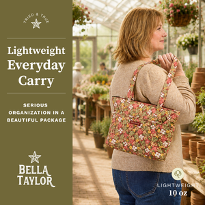 Side-view of woman carrying Small Tote, highlighting quilted floral fabric, structured silhouette, and lightweight 100% cotton construction.