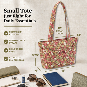 Callout image showing dimensions 11" x 8.75" x 4", 12-inch strap drop, 6 exterior pockets, lightweight 100% cotton construction.
