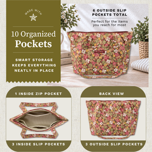 Open top-down view revealing interior with 4 inside pockets, callouts highlighting top zip closure and machine washable design.