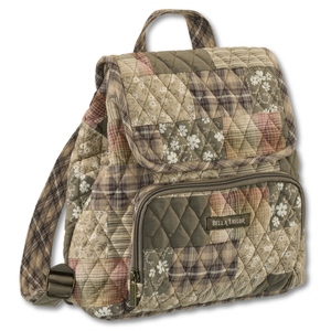 Mini Backpack front view featuring quilted patchwork fabric in taupe, tan, burgundy with main compartment & front zip pocket.