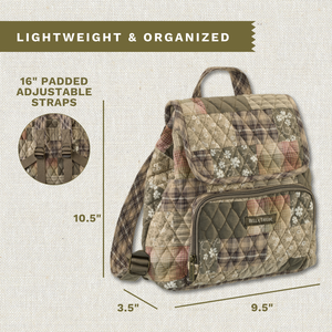 Callout image showing dimensions 10.5" x 9.5" x 3.5", adjustable straps, exterior zip pocket, and lightweight 100% cotton construction.