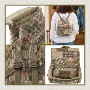 Four-image collage showing a woman wearing a mini backpack, top snap closure, padded adjustable straps, and an open front zip pocket.