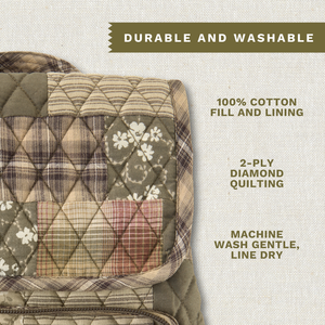 Callouts highlighting 100% cotton fill and lining, two-ply diamond quilting, and machine-washable design.