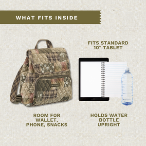Callouts highlighting mini-backpack storage capacity for a wallet, phone, snacks, water bottle, and 10-inch tablet.
