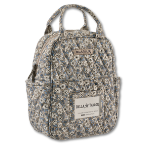 Lunch Tote front view featuring quilted floral fabric in dusty blue, cream, & khaki, with built-in ID window, and 4 total pockets.