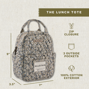 Callout image showing dimensions 9" x 7" x 3.5", 3 exterior pockets, zip closure, and lightweight 100% cotton construction.