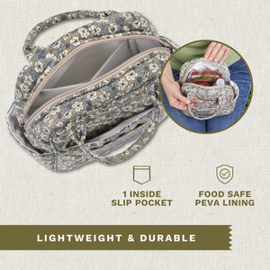 Open top-down view revealing interior with PEVA food safe lining. Callouts highlighting 1 inside pocket and lightweight design.