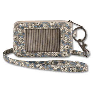 ID Lanyard front view featuring quilted floral fabric in dusty blue, cream, & khaki.