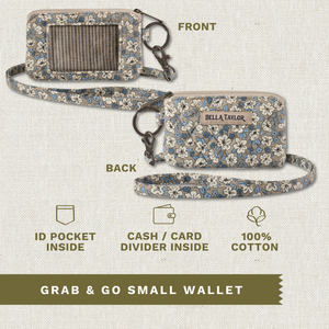 Front and back exterior views with callouts identifying ID pocket, interior cash & card divider. Made with lightweight 100% cotton.