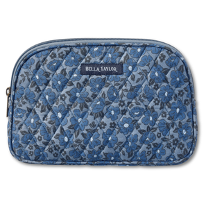 Cosmetic Pouch front view featuring quilted floral fabric in dusty blue, cobalt, & navy.