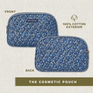 Front and back exterior views of cosmetic pouch.