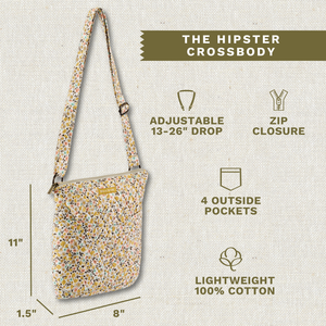 Callout image showing dimensions 8" x 11" x 1.5", adjustable strap, 4 exterior pockets, lightweight 100% cotton construction.