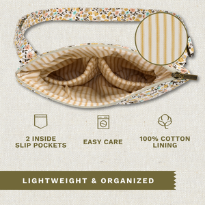 Open top-down view revealing interior with 2 inside pockets. Callouts highlighting top zip closure and machine washable design.