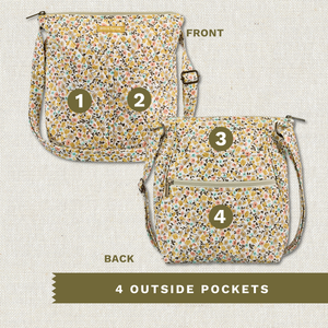 Front and back exterior views with numbered callouts identifying all 4 outside pockets.