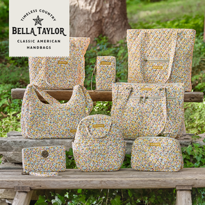 Prairie Meadow collection lifestyle image featuring the full line displayed, including Hipster, Small Tote, Stride Tote.