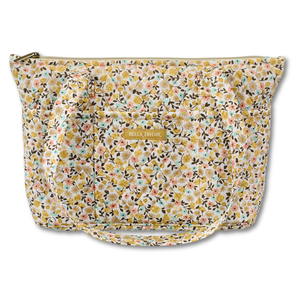 Small Tote front view featuring quilted floral print, in harvest amber, dusty rose, & warm tan, with top zip closure, and 10 total pockets.