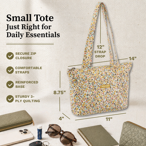 Callout image showing dimensions 11" x 8.75" x 4", 12-inch strap drop, 6 exterior pockets, lightweight 100% cotton construction.