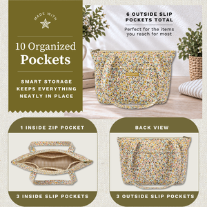 Open top-down view revealing interior with 4 inside pockets, callouts highlighting top zip closure and machine washable design.
