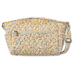 Claire front view featuring quilted floral fabric in harvest amber, dusty rose, warm tan, & robin's egg blue, with top zip closure, and 8 total pockets.