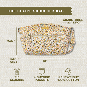 Callout image showing dimensions 11.5" x 9" x 3.75", adjustable strap, 4 exterior pockets, lightweight 100% cotton construction.