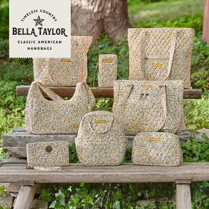 Prairie Meadow Collection lifestyle image featuring the full line displayed, including Large Tote, Bible Cover, and Everyday Tote.