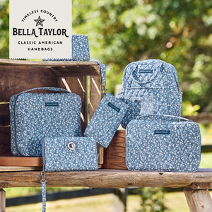 Heritage Blue Floral collection lifestyle image featuring coordinating handbags and accessories.